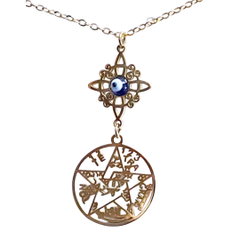 COLGANTE CON CADENA ACERO TETRAGRAMATON NUDO DE BRUJA Y OJO TURCO 1,5CM TRIPLE PROTECCION