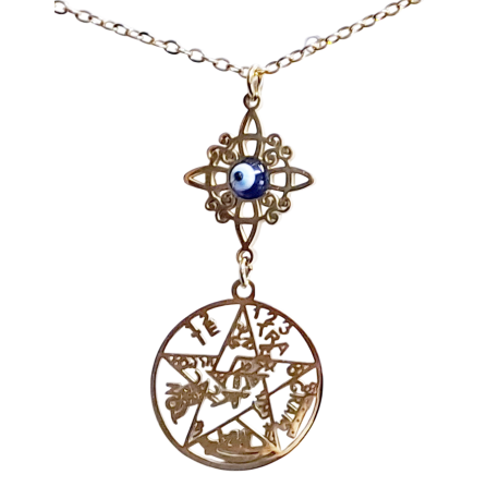 COLGANTE CON CADENA ACERO TETRAGRAMATON NUDO DE BRUJA Y OJO TURCO 1,5CM TRIPLE PROTECCION