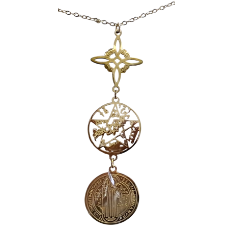 COLGANTE CON CADENA ACERO TETRAGRAMATON NUDO DE BRUJA MEDALLA BENITO 1,8CM TRIPLE PROTECCION