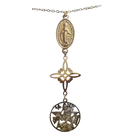 COLGANTE CON CADENA ACERO TETRAGRAMATON NUDO DE BRUJA MEDALLA MILAGROSA 1,8CM TRIPLE PROTECCION