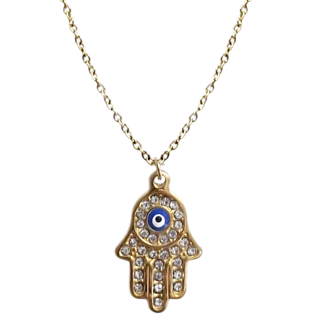 COLGANTE CON CADENA ACERO MANO FATIMA OJO TURCO CIRCONEO 2CM