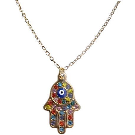 COLGANTE CON CADENA ACERO MANO FATIMA NACAR OJO TURCOCIRCONEO COLORES 1,5CM