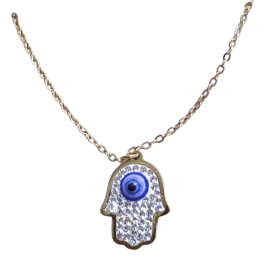 COLGANTE CON CADENA ACERO MANO FATIMA OJO TURCO CIRCONEO FONDO BLANCO 1,8CM