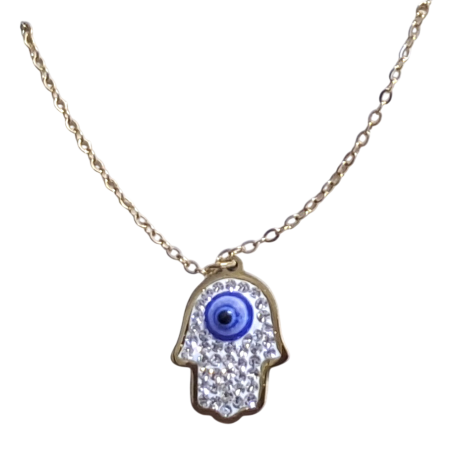 COLGANTE CON CADENA ACERO MANO FATIMA OJO TURCO CIRCONEO FONDO BLANCO 1,8CM