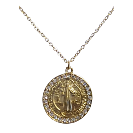 COLGANTE CON CADENA ACERO MEDALLA BENITO REDONDA CIRCONEO 2CM