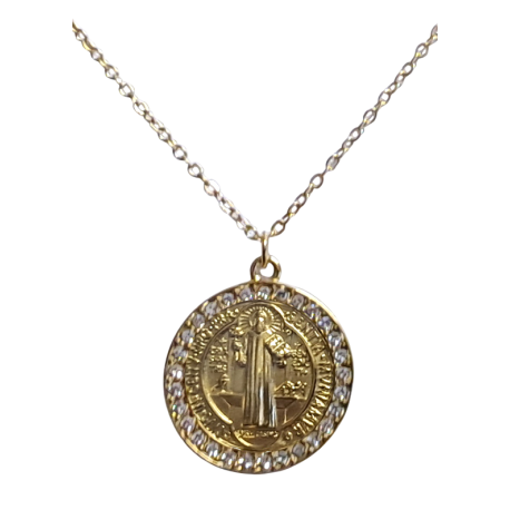 COLGANTE CON CADENA ACERO MEDALLA BENITO REDONDA CIRCONEO 2CM
