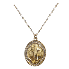 COLGANTE CON CADENA ACERO MEDALLA BENITO OVALADA CIRCONEO 2CM
